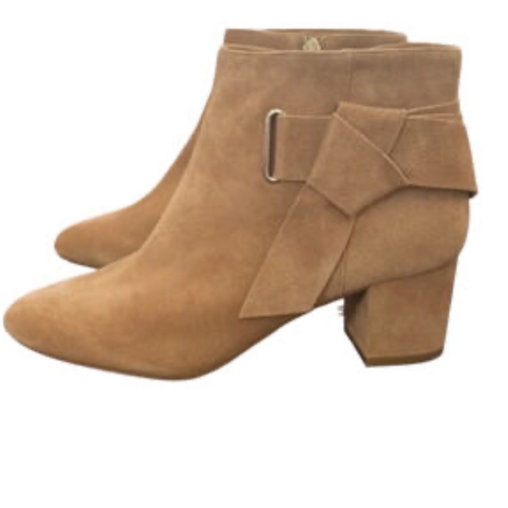 Talbots 100% leather suede ankle tan zip up booties folded bow round toe size 6